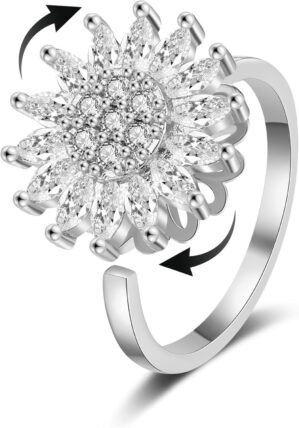 Fidget Rings for Women, Spinner Sunflower Anxiety Ring, 18K Gold Adjustable Sparkly Rhinestone Anxiety Thumb Ring Worry Anxiety Relieving Jewelry Calming Gift for Women Men