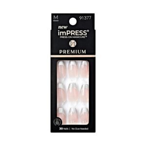 KISS imPRESS No Glue Mani Press-On Nails, Premium, ‘Memory Lane’, Silver, Medium Size, Coffin Shape, Includes 30 Nails, Prep Pad, Instructions Sheet, 1 Manicure Stick, 1 Mini File