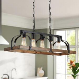 WUZUPS 5-Light Metal Chandelier Imitation Wood Grain Linear Pendant Ceiling Lighting Rustic Farmhouse Fixture Kitchen Island Dining Room, H 8.5″ L 31.5″ W10, E26 Base, Black & Retro Wood