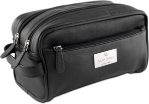 Leather Toiletry Bag, Black Genuine Calf Leather Travel Bag, Handmade DOPP Kit for Travel, Cosmetic Pouch, Luxury Shaving Bag, Bathroom Organizer, Stylish Grooming Kit for Men and Women Gift Packed