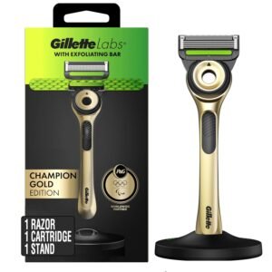 GilletteLabs with Exfoliating Bar Razor for Men, Champion Gold Edition – 1 Handle, 1 Razor Blade Refill, Includes Premium Magnetic Stand