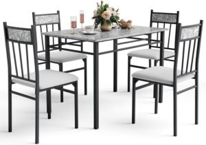 NAFORT 5 Piece Dining Table Set for 4, Faux Marble Kitchen Table and Chairs Set of 4, Vintage Rectangular Dining Room Table with Cushion Padded Seat, Metal and Wood Dining Set Kitchen Furniture, Grey