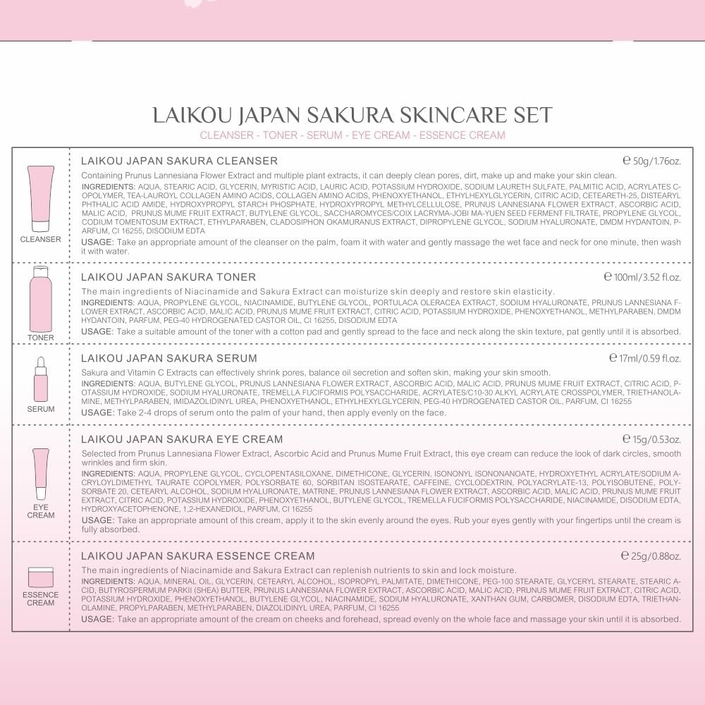 Skin Care Set JAPAN SAKURA Women Beauty Gift Sets Skin Care Kit with Cleanser, Toner, Serum, Eye Cream, Face Cream Travel Kit for Women Teen Girls Mom Daughter Birthday TSA-friendly Sizes 5pcs - Image 8