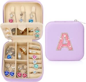Bling Sparkly Initial Jewelry Case,Personalized Gifts for Teen Girls,Kids,Women,Brides, Bridesmaids, Glitter Rhinestone Travel Jewelry Box,Easter Birthday Christmas Gifts, Small Size (Purple A)