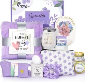 Birthday Gifts for Women, Self Care Gifts for Women, Relaxing Spa Gifts Basket Care Package w/Flannel Blanket, Mothers Day Gifts for Mom Her Best Friend Grandma Sister Wife (Purple)