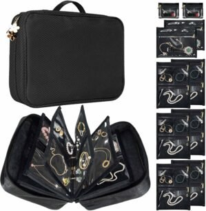 Travel Jewelry Organizer Case, Jewelry Storage Bag with Zipper Velvet Pockets, Portable Jewelry Case for Necklaces, Rings, Earrings, Bracelets