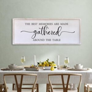 The Best Memories Are Made Gathered Around The Table Wall Decor 40″x15″ Large Rustic Farmhouse Dining Room Wood Framed Modren Signs Kitchen Home Simple Hanging Wall Art (White)