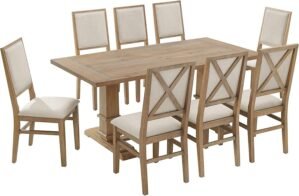 Crosley Furniture Joanna 9-Piece Modern Farmhouse Dining Table Set for 8 with Upholstered Chairs, Rustic Brown/Creme
