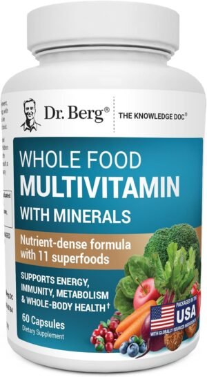 Dr. Berg Whole Food Multivitamin with Minerals – Daily Multivitamin for Men and Women – Includes Premium Whole Food Fruits and Vegetable Blend with Folate, Alpha-lipoic Acid and More – 60 Capsules