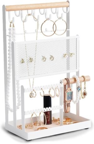 Jewelry Stand with Velvet, 5 Tier Jewelry Organizers and Storage with 15 Hooks Necklace Holder and Earring Organizer Net,Wooden Handing Bar for Bracelets, Watches, Rings – White