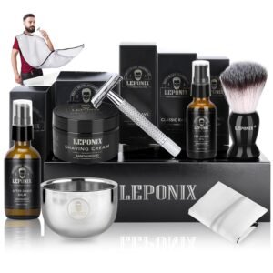 Shaving Kit for Men, Include Safety Razor, Sandalwood Cream, Aftershave, Pre Shave Oil, Shaving Brush and Bowl, Shaving Apron Bib -Unique Gifts for Him Stocking Stuffers