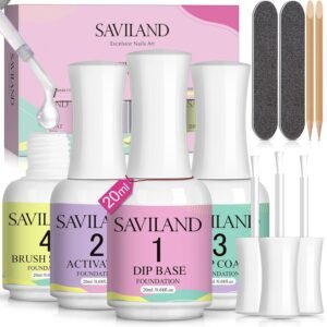 SAVILAND Dip Powder Liquid Set: 20 ml Ultimate Nail Dip System Essentials Liquid Large Capacity Dipping Base Activator Top Coat Brush Saver No Curing Needed for DIY Home Manicure