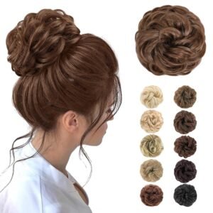 MORICA 1PCS Messy Hair Bun Hair Scrunchies Extension Curly Wavy Messy Bun Hair Synthetic Chignon Hairpieces for Women(Light Golden Brown 12#)