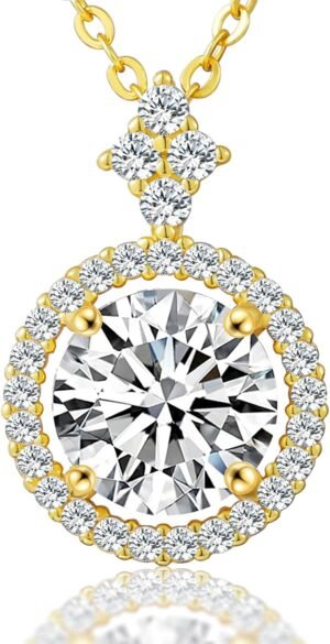 Imitation Diamond Necklace for Women 1ct/1.2ct/2ct, 18K Gold Vermeil Moissanite Halo Pendant Necklace, Skin-friendly .925 Sterling Silver 18″ Chain + 2″ Extender, D Color VVS1 Lab-created Diamond Jewelry Gift for Women