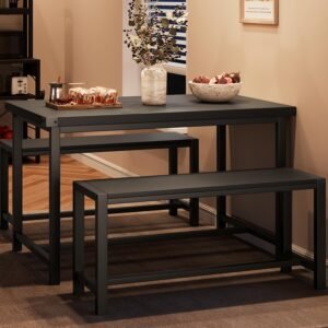 IDEALHOUSE Dining Table Set for 4, Kitchen Table with Benches, Rectangular Dining Room Table Set with 2 Metal Wood Benches, 3 Piece Dining Table Set for Small Space, Apartment, Dinette, Retro Black