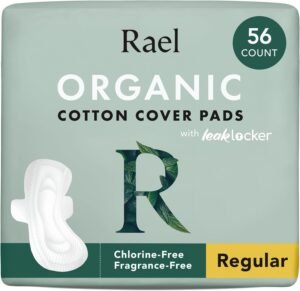 Rael Organic Cotton Cover Pads – Regular Absorbency, Unscented, Ultra Thin Pads with Wings for Women (56 Total)
