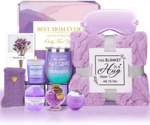 Birthday Gifts for Mom from Daughter Son, Relaxing Lavender Spa Basket Set for Women Luxury Self-Care Basket for Mama, Birthday Mothers Day Gifts for Women, Mom, Wife, Sister, Friend, Her