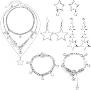NEWITIN 11 Pieces Star Jewelry Set for Women Fashion Costume Jewels Pendant Star Necklace Bracelet Earrings Silver Jewelry Set for Women