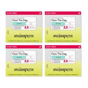 Swisspers Premium 100% Cotton Dry Facial Wipes – Hypoallergenic, Biodegradable Beauty Cloths with Dot Embossing – Vegan Makeup Remover Towelettes for Women & Men, 40 Count (Pack of 4)