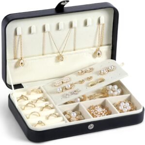 Travel Jewelry Case for Women,Travel Jewelry Organizer Box,Small Jewelry Box,PU Leather Portable Jewellery Storage Boxes for Ring Earrings Necklace Bangle,Gifts for Women Girls (Black)