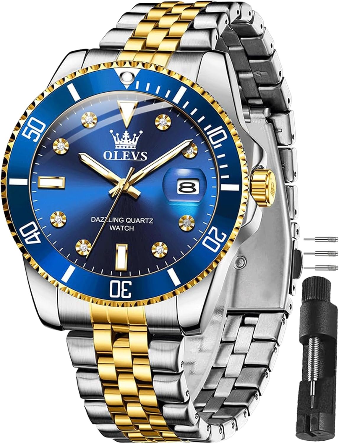 OLEVS Watches for Mens Stainless Steel Dress Mens Watches with Date Luxury Diamond Big Face Waterproof Blue/Black/Green/Gold/Red Dial Relojes para Hombres