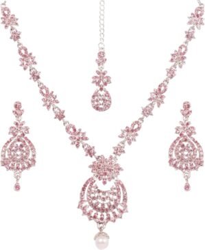 Touchstone Indian Bollywood Gorgeous intricate Workmanship Sparkling Rhinestone crystal wedding Designer Jewelry Necklace Set In Gold or Silver Tone For Women.