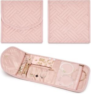 Travel Jewelry Roll Organizer Bag Foldable and Anti-Lost Jewelry Holder Storage for Rings, Necklaces, Bracelets, Earrings and Accessories, Small Pink