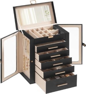 HOOBRO Jewelry Box with Mirror, 5-Drawer Jewelry Organizer with Glass Windows, Large Capacity Jewelry Case, Vertical Storage, for Earring, Ring, Necklace, Bracelet, Watch, Black BK18JB04