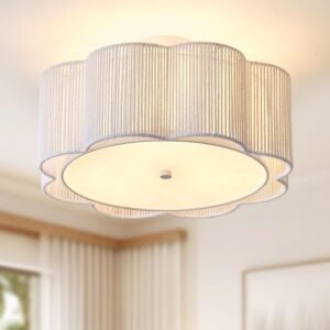 17.7″ Rattan Flush Mount Ceiling Light, 3-Light Boho Close to Ceiling Light Fixtures, Rattan Bedroom Ceiling Light, Farmhouse Large Drum Chandelier for Dining Room, Kitchen, Hallway(White)