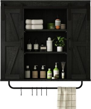 RUSTOWN Rustic Wood Wall Storage Cabinet with Two Sliding Barn Door, 3-Tier Decorative Farmhouse Vintage Cabinet for Kitchen Dining, Bathroom, Living Room,Black