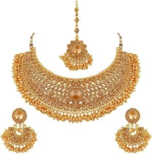 Efulgenz Indian Jewelry Sets for Women Bridal Jewelry Bollywood Traditional Crystal Faux Pearl Wedding Choker Necklace Earrings Maang Tikka Indian Wedding Jewelry