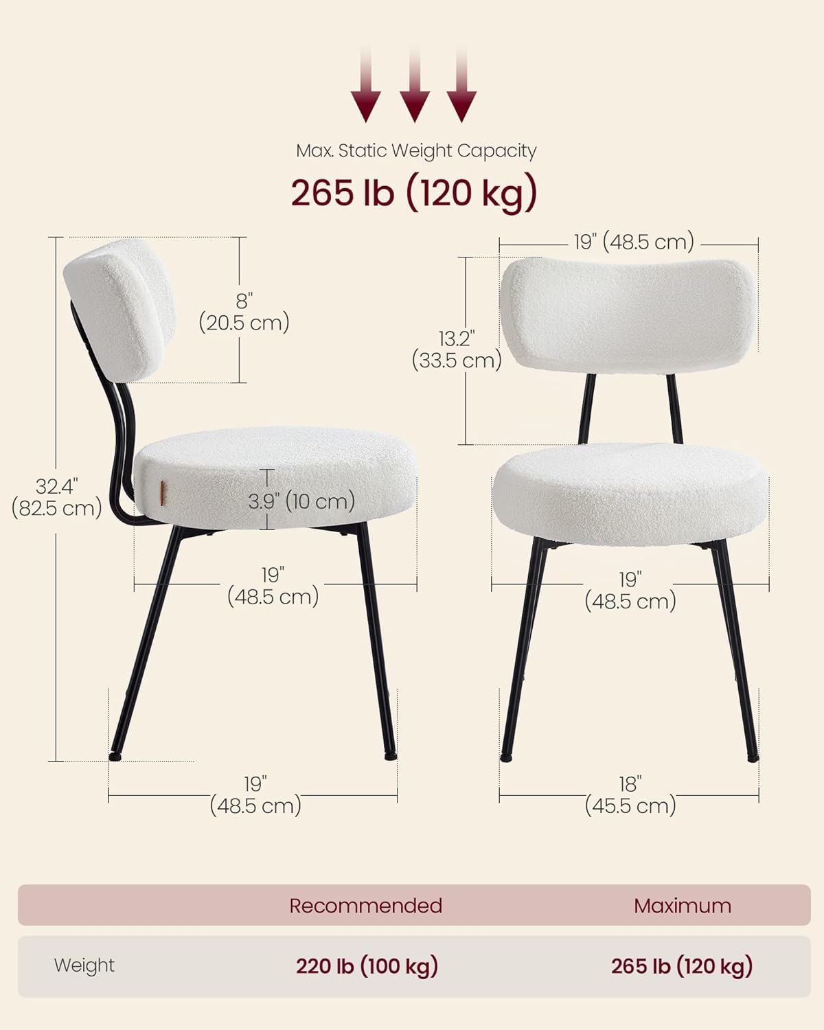 VASAGLE Boucle Dining Chairs Set of 2, Upholstered Kitchen Dining Room Chairs with Curved Backrest and Steel Frame, Modern Mid Century, Round, for Vanity, Living Room, Cream White UKDC110W01 - Image 2