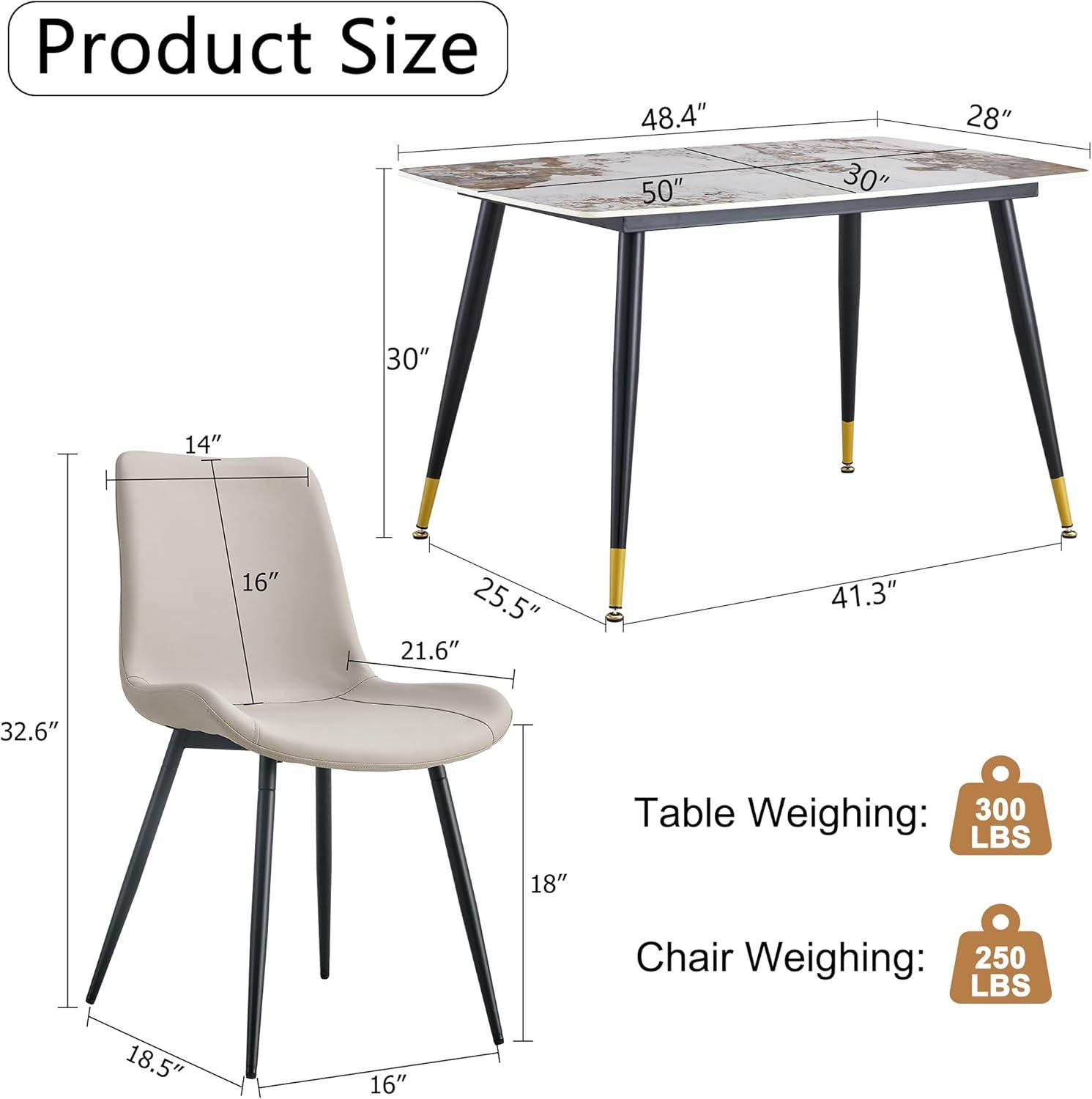 Granite Modern Dining Table Set for 4, 50" Sintered Stone Kitchen Table and 4 Upholstered PU Leather Chair Dining Room Table Set for 4(1Marble Table and Gray Chairs Set of 4) - Image 3