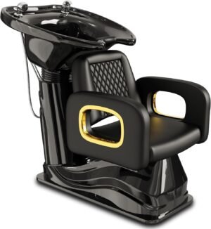 Baasha Black and Gold Shampoo Chair, Professional Shampoo Bowl and Chair Set for Salon, Comfortable Barber Backwash Chairs with Memory Sponges Cushion, Hair Washing Station for Barbershop