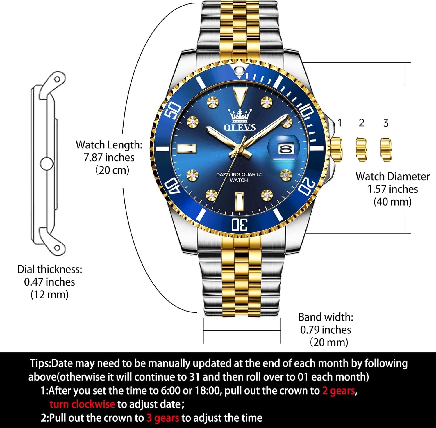 OLEVS Watches for Mens Stainless Steel Dress Mens Watches with Date Luxury Diamond Big Face Waterproof Blue/Black/Green/Gold/Red Dial Relojes para Hombres - Image 5