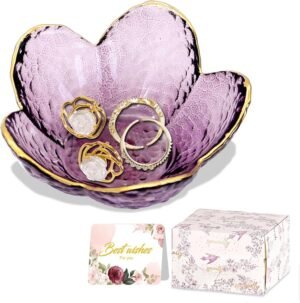 Purple Flower Jewelry Dish Glass Ring Dish Jewelry Tray Cute Vanity Organiser Room Decor Aesthetic Nightstand Bathroom Decor Jewellery Trinket Dish Ring Holder Valentine’s Birthday Gifts for Women