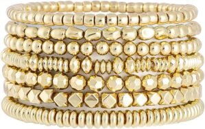 Gold Beaded Bracelets for Women Trendy, 14K Gold Plated Stack Cross Pearl Gold Bead Stretch Bracelets Set Elastic Hypoallergenic Bracelets Jewelry Gifts