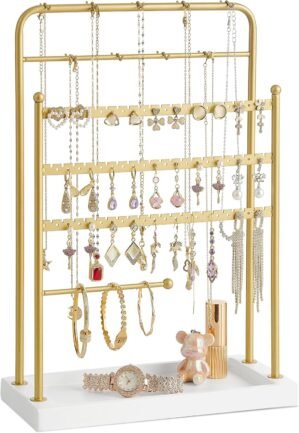 Jewelry Holder, Earring Organizer Holder Jewelry Organizer and Storage, Jewelry Stand for Necklace Earring Keychains Bracelet Studs, Rings Display, Christmas Gifts (White&gold)