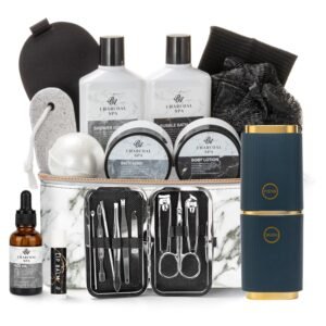Father’s Day Bath and Body Gift Basket for Men and Women, 23pcs Charcoal Luxury Home Spa Kit for Mother in Cosmetics Leather Bag, Face Oil, Birthday Gift, Self Care, perfect for Christmas, Holiday