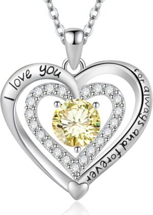 Heart Necklace, I Love You Always & Forever, Birthstone Cubic Zirconia Pendant, Gift for Women