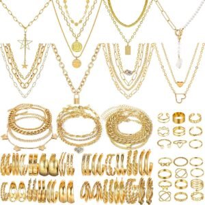 Gold and Silver Plated Jewelry Sets for Women Costume Jewelry Chain Necklace Bracelet Earrings and Rings Sets for Women