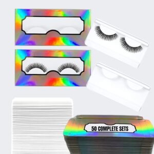 NEW-Empty Lash Boxes for Wholesale- 100 Pcs – 50 Trays/50 Empty Eyelashes Box Packaging- Soft Paper Lash Box Holographic Design for 25MM 3D Mink Strip Lashes (Silver Holographic)