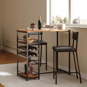 GAOMON Dining Table Set for 2 with Upholstered Chairs, Open Storage Shelves, Built-in Cup Holder & Wine Rack, Modern Industrial Design, Perfect for Small Kitchens, Apartments, or Breakfast Nooks