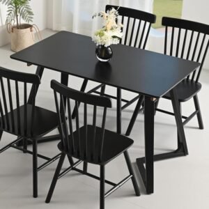 DELAVIN 47.2 Inch Solid Wood Dining Table, Mid Century Modern Oak Kitchen Table for 4, Farmhouse Rectangular Dining Room Table, Easy Assembly, Black