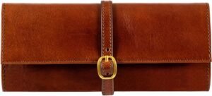 Time Resistance Leather Jewelry Roll – Full Grain Leather Travel Jewelry Case – Jewellery Organizer Made in Italy (Cognac Brown)