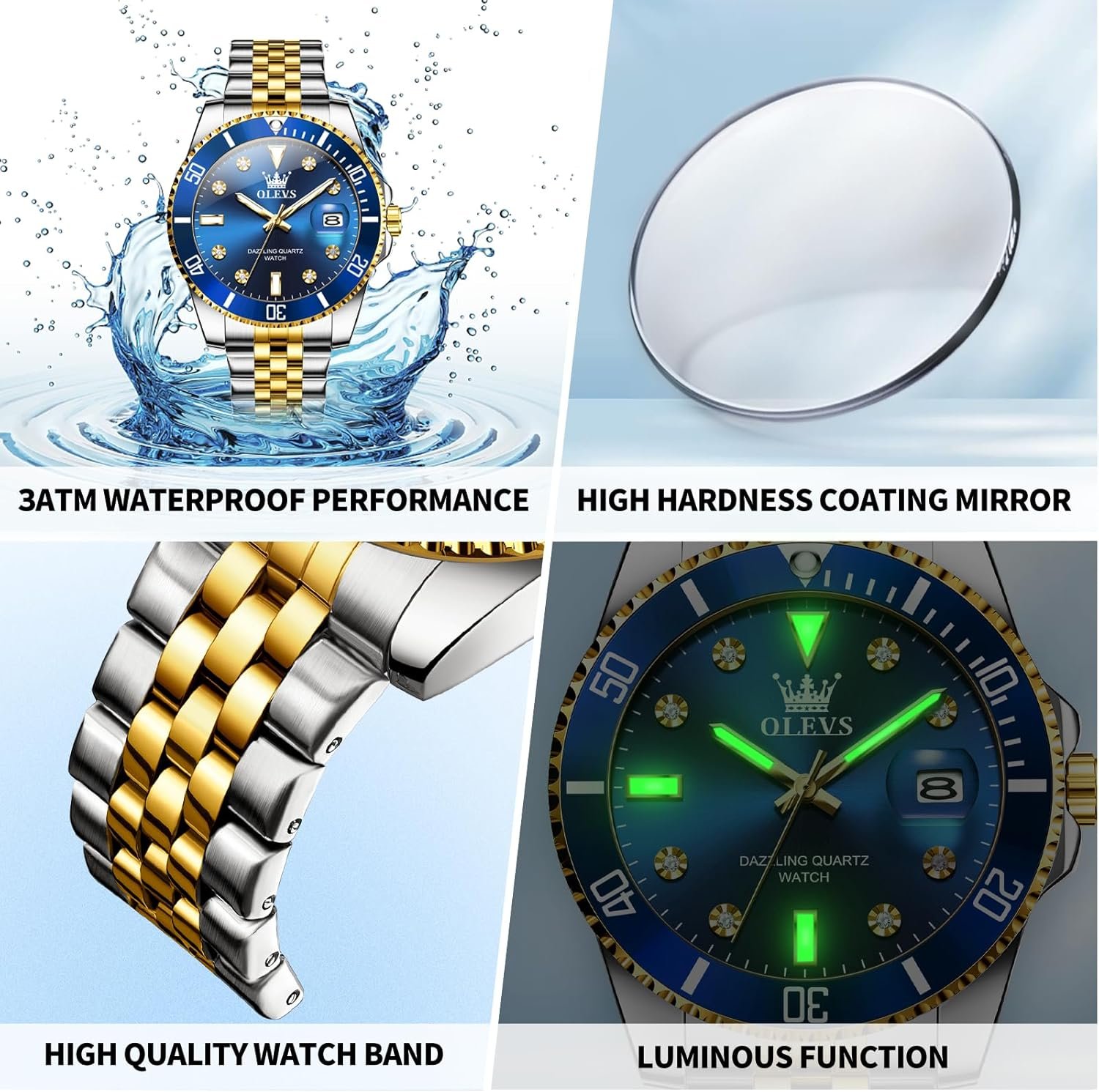 OLEVS Watches for Mens Stainless Steel Dress Mens Watches with Date Luxury Diamond Big Face Waterproof Blue/Black/Green/Gold/Red Dial Relojes para Hombres - Image 4