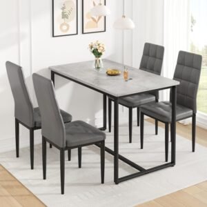 Dining Table Set for 4 with Chairs Faux Marble Dining Table Set Modern 47″ Kitchen Table Set with 4 PU Chairs for Apartment Space Saving Waterproof & Easy Clean (Gray+Gray)