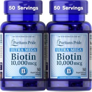 Puritan’s Pride Premium Ultra Mega Biotin 10,000mcg, Dietary Supplement for Healthy Hair, Skin, Nails, and Energy Metabolism Support, 100 Day Supply, 50 Rapid Release Softgels, 2 Pack