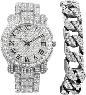 Charles Raymond Bling-ed Out Silver Round Luxury Mens Watch w/Bling-ed Out Bracelet – L0504B