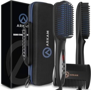 Arkam Beard Straightener for Men -Premium Heated Beard Brush Kit w/Anti-Scald Feature, Dual Action Hair Comb and Hard Shell Travel Case for Medium to Long Beards – Costume and Grooming Gifts for Men